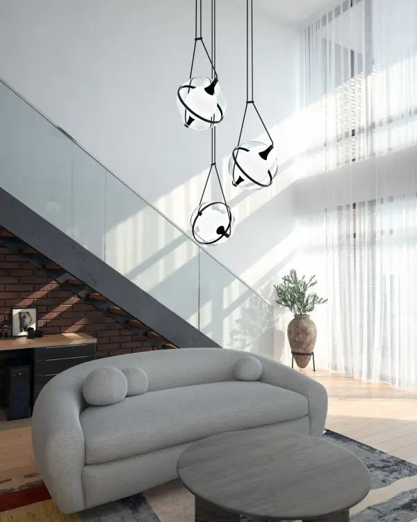 The Aries chandelier features a striking gyroscope-inspired design with floating spheres and frosted glass accents. Its adjustable length up to 120" and integrated LED technology make it a versatile statement piece for modern spaces. - alternate view