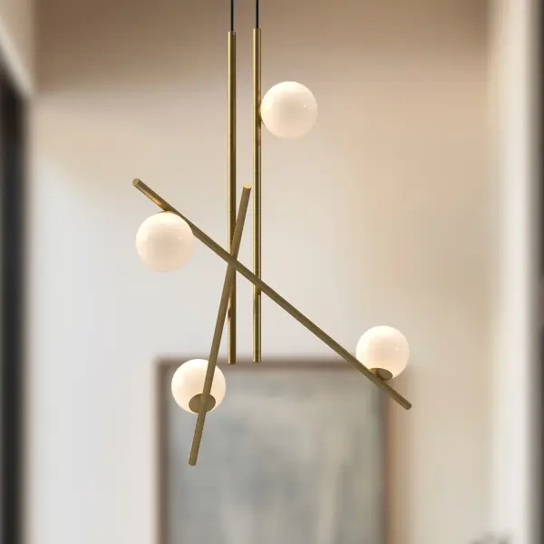 The Amara chandelier transforms contemporary spaces with its artistic design featuring intersecting steel planes and glowing opal glass. At 32 inches, this statement piece delivers warm integrated LED light while serving as a focal point in dining rooms, living areas, and entryways. - alternate view