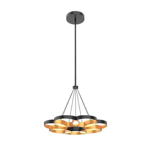 The Maestro chandelier transforms lighting into art with its synchronized metal rings that create jewel-like illumination. The 26-inch design features integrated LED technology and a striking black/gold two-tone finish that adds drama from every angle. - alternate view