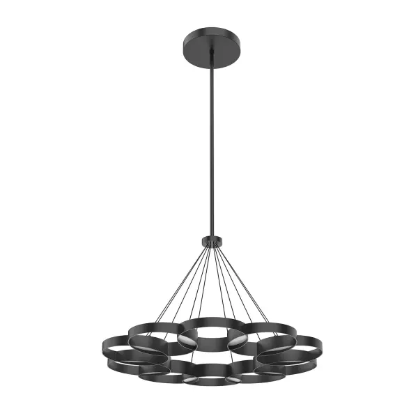 The Maestro chandelier transforms lighting into art with its synchronized metal rings that create jewel-like illumination. This 33-inch statement piece features integrated LED technology and offers visual interest from every angle.