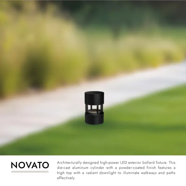 The Novato bollard combines architectural design with high-power LED technology to deliver effective walkway lighting. Its die-cast aluminum construction and powder-coated finish ensure durability in outdoor conditions. - alternate view