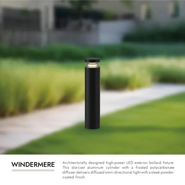 The Windermere 28" bollard combines architectural design with high-power LED technology, delivering warm, diffused omni-directional light perfect for walkways and paths. Its durable die-cast aluminum construction and sleek matte black finish make it ideal for contemporary outdoor spaces. - alternate view
