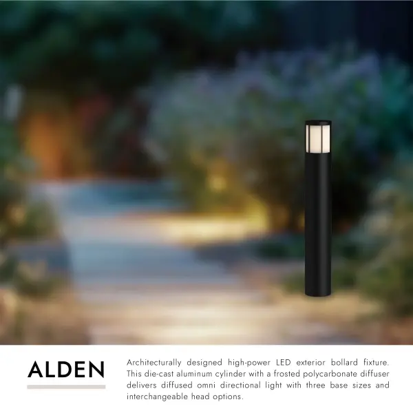 The Alden 41-inch bollard combines architectural design with high-power LED technology. Its die-cast aluminum construction and frosted diffuser deliver 360-degree illumination ideal for walkways and landscape lighting. - alternate view