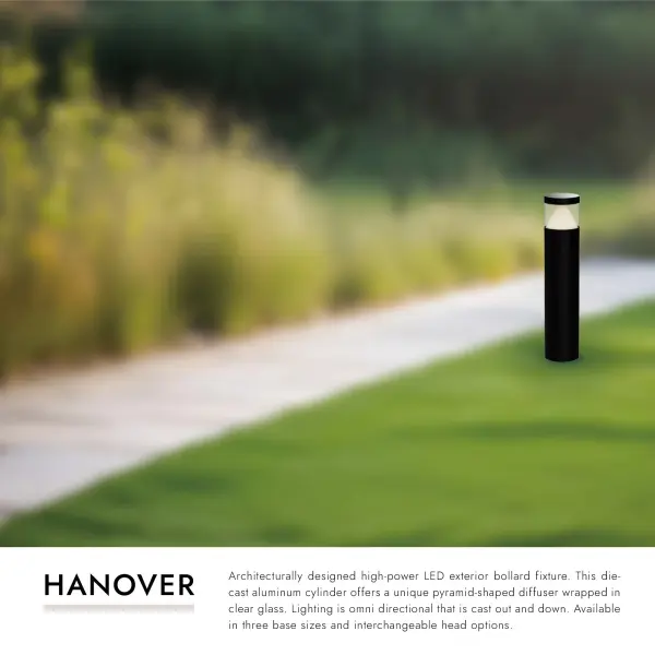 The Hanover 30-inch bollard combines contemporary design with functional outdoor lighting. Its die-cast aluminum construction and unique pyramid-shaped clear glass diffuser create omni-directional illumination perfect for walkways and paths. - alternate view