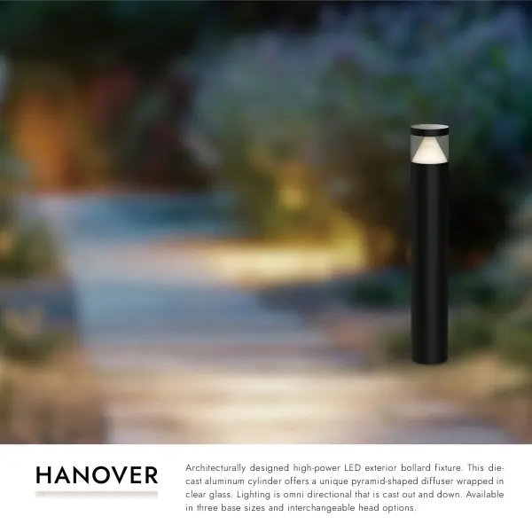 The Hanover 40-inch bollard combines modern architectural design with high-performance LED technology. Its die-cast aluminum construction and unique pyramid-shaped diffuser create striking omni-directional illumination for walkways and outdoor spaces. - alternate view