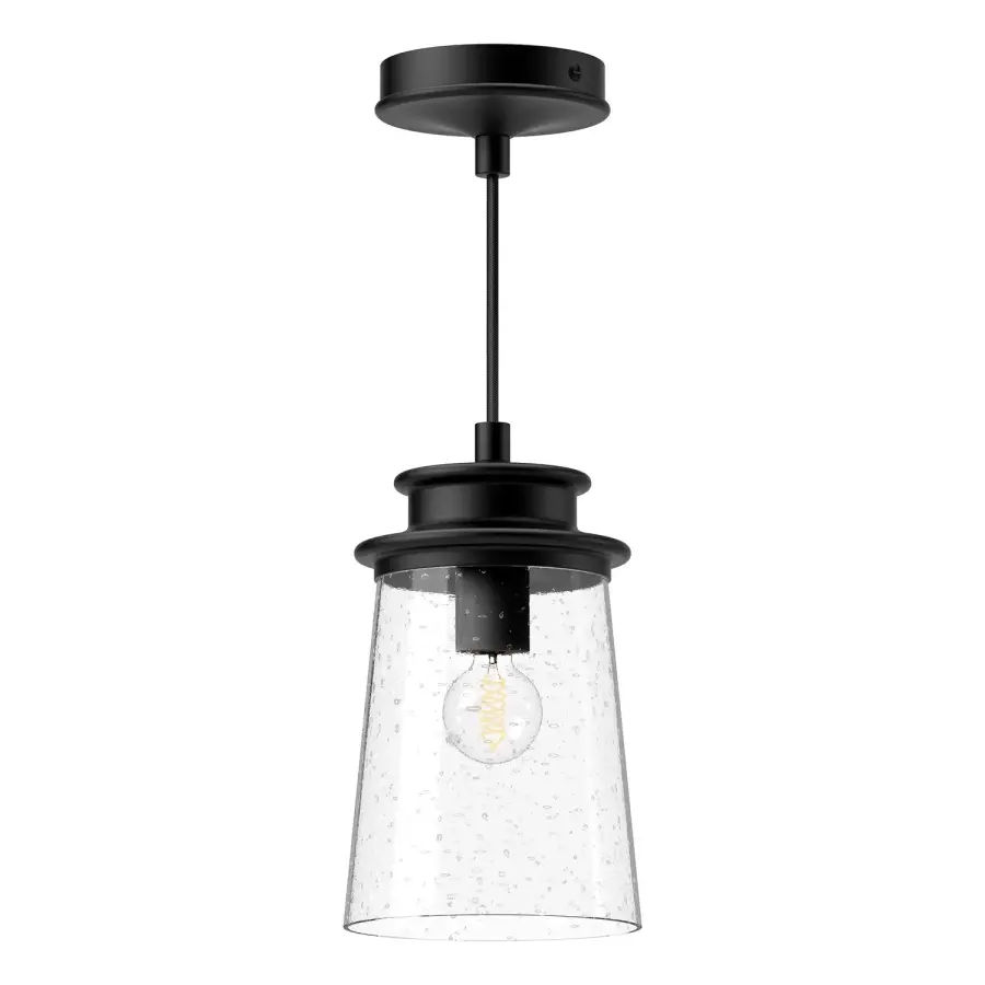 Quincy 6-Inch Exterior Pendant in Textured Black with Clear Bubble Glass - Image 1