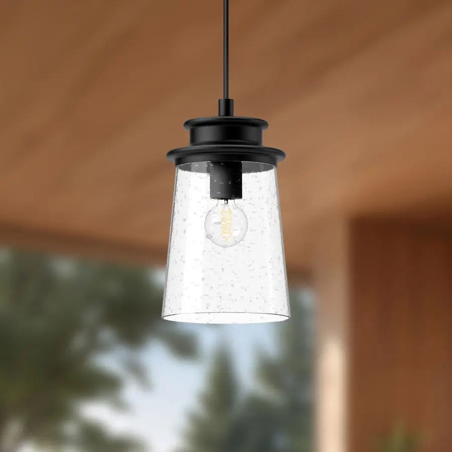 Quincy 6-Inch Exterior Pendant in Textured Black with Clear Bubble Glass - Image 2