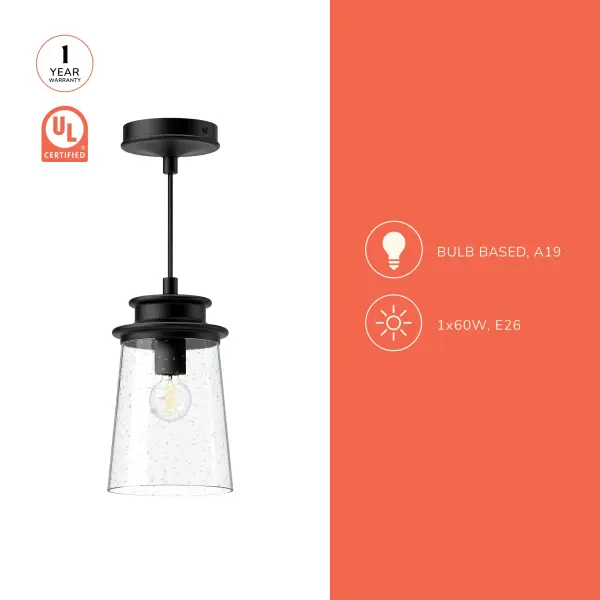 Quincy 6-Inch Exterior Pendant in Textured Black with Clear Bubble Glass - Image 3