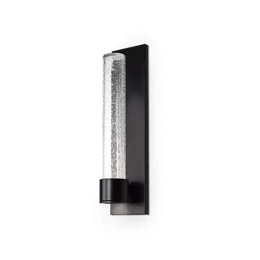 The Copenhagen wall sconce combines clean geometric lines with highly detailed translucent glass for a refined outdoor lighting solution. Its integrated LED provides warm illumination while the matte black finish adds contemporary elegance. - alternate view