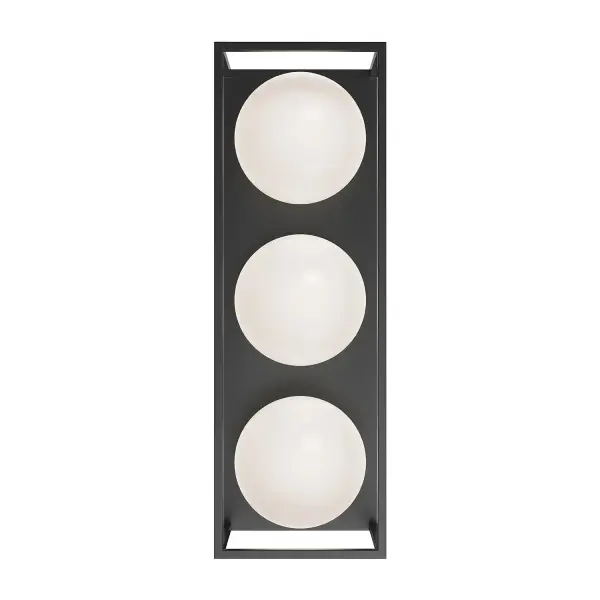 The Amelia wall sconce brings 1920s architectural glamour to modern homes with striking geometric patterns, rich matte black finish, and elegant opal glass accents. Versatile enough for both interior and exterior use.
