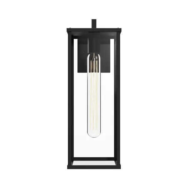 The Brentwood 17" wall sconce combines clean architectural lines with ample clear glass for sophisticated outdoor ambiance. Its textured black finish and modern design make it versatile for various exterior settings.