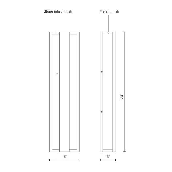 Stone elements and metal join together, resulting in masculine elegance. This exterior wall light consists of a 24 inch long metal rectangle with a stone inlay that is flush against the mounting plane, then another slim metal rectangle is suspended just atop of it. LED glow flows from the concealed inner surface. Caspian is suitable for exterior use. Integrated LED with 3000K Warm White Color Temperature Designed for any indoor or outdoor usage Modern, Contemporary Style with Decorative Details Installation hardware included Easy assembly instructions included in box Dimmable, see specs for detail - alternate view