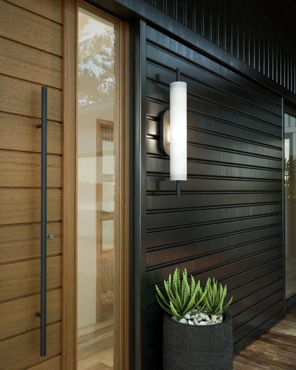 The Estes 24-inch wall sconce combines scroll-like decorative details with modern functionality. Featuring integrated LED lighting and an opal glass diffuser, it delivers soft, omnidirectional illumination perfect for enhancing curb appeal or creating luxurious vanity lighting. - alternate view