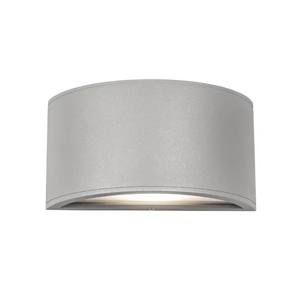 What appears to be a rectangle when looking head on, this exterior wall light is actually a half-circle shape when viewed from all other angles. Made from extruded and die cast Aluminum, in a black or gray powder coat finish, it also has a polymeric diffuser covering the LED light source for even light distribution. Integrated LED with 3000K Warm White Color Temperature Designed for any indoor or outdoor usage Modern, Contemporary Style with Decorative Details Installation hardware included Easy assembly instructions included in box Dimmable, see specs for detail