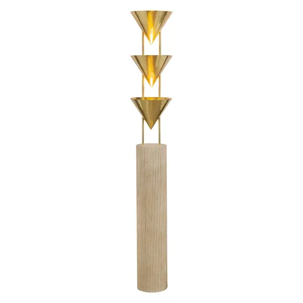The Versus Floor Lamp transforms functional lighting into sculptural art with its dramatic metal cone shade atop a faux stone column base. Designed by Jason Koharik and inspired by Leonora Carrington's surrealism, it creates striking visual intrigue.
