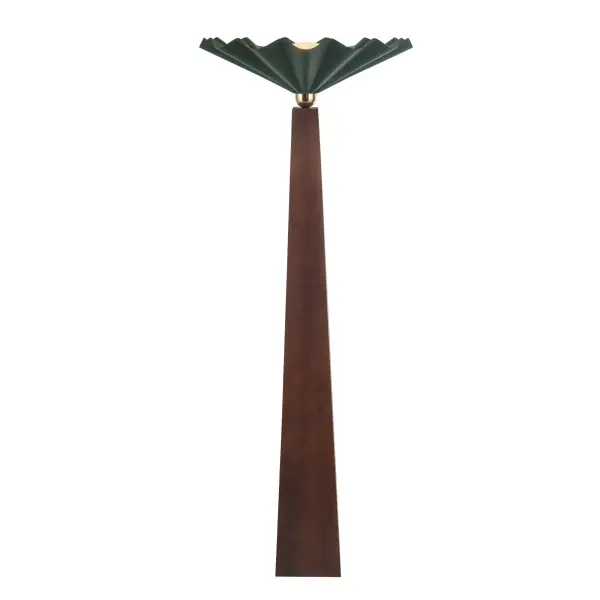 The Furrow Floor Lamp by Jason Koharik transforms functional lighting into art. Inspired by rare pearls and seashells, this 64-inch piece features ruffled metal shells in pine green, warm brass accents, and natural walnut wood details. The opal glass diffuser creates soft, ambient illumination perfect for sophisticated interiors.