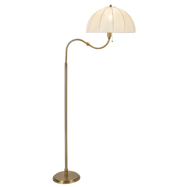 The Crosby floor lamp brings vintage parasol elegance to modern spaces with its delicate details and natural fabric shade. At 68 inches tall, it provides both ambient lighting and decorative appeal in brushed gold finish.