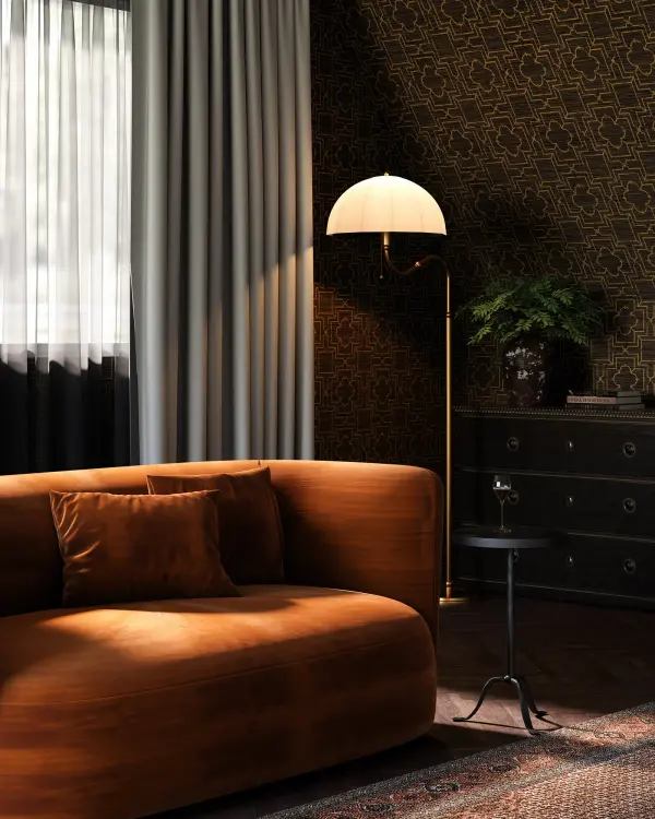 The Crosby floor lamp brings vintage parasol elegance to modern spaces with its delicate details and natural fabric shade. At 68 inches tall, it provides both ambient lighting and decorative appeal in brushed gold finish. - alternate view