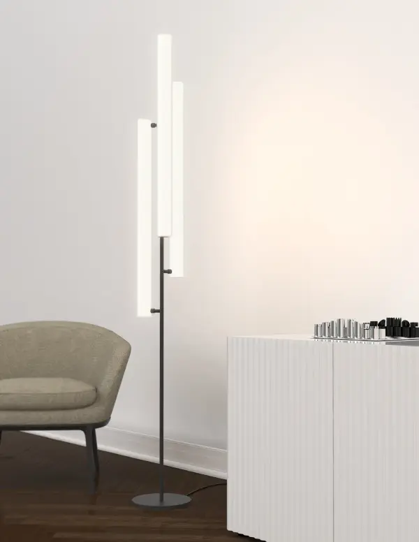 The Gramercy floor lamp combines sleek modern design with practical functionality. Frosted glass cylinders emit an even 360-degree ambient glow, while the integrated LED and touch dimmer provide customizable lighting for any space. - alternate view