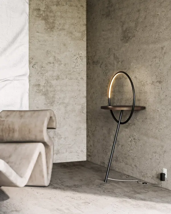 The Maya floor lamp reimagines traditional lighting by integrating a functional walnut-stained end table with modern LED illumination. Its leaning design saves floor space while providing both ambient light and surface area. - alternate view