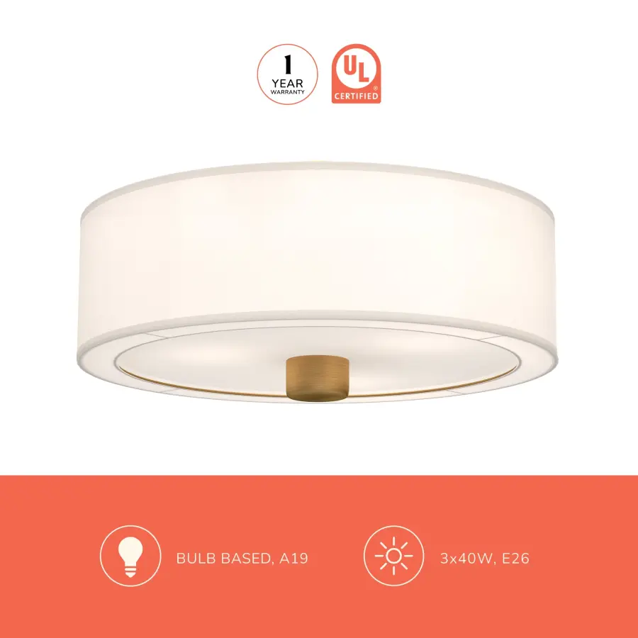 Theo 24-Inch Flush Mount in Aged Gold with White Linen Shade - Image 6