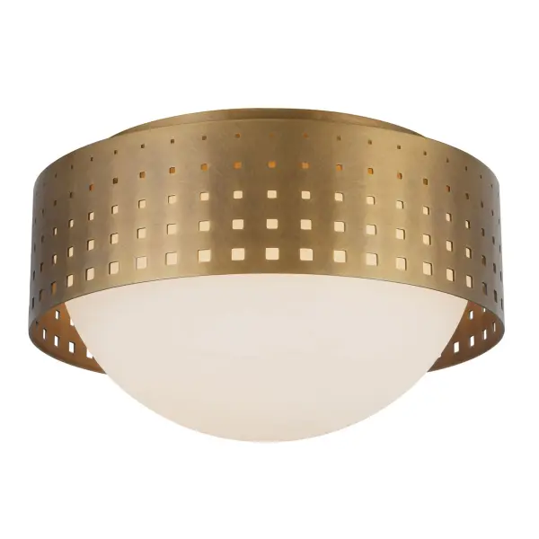 The Astoria flush mount by Peyton Fox combines clean geometric design with warm ambient lighting. Its opal glass diffuser and brass plated punched metal overlay create a subtle yet striking statement perfect for modern and transitional spaces. - alternate view