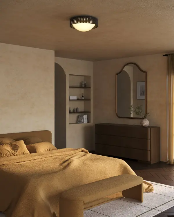 The Astoria Flush Mount by Peyton Fox combines clean geometric design with warm ambient lighting. Featuring opal glass diffusers and brass plated punched metal detailing, this 14-inch fixture delivers subtle sophistication perfect for modern and transitional spaces. - alternate view