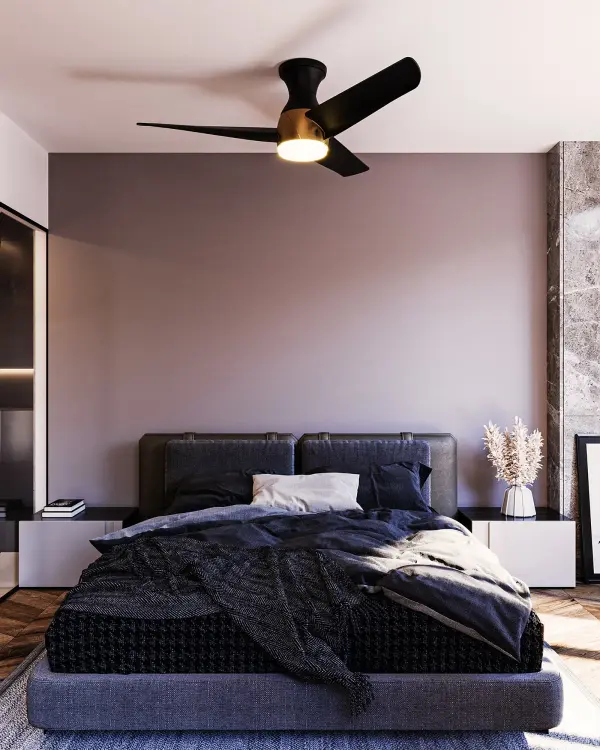 The Thalia 54-inch hugger fan combines contemporary design with smart technology, offering customizable finish options and app-based control. Perfect for rooms with lower ceilings, it features integrated LED lighting with dimming capabilities and six-speed operation. - alternate view