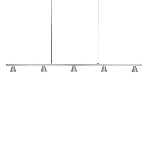 Multiple aluminum cones are connected inline and direct light downwards from the geometric linear pendant. The Dune series utilizes classic minimalist lamp shapes yet in reduced scale to elegant effect. The LED spot sources are focused by diminutive reflectors housed within the exquisitely turned shades. Available in multiple configurations and finishes. Integrated LED with 3000K Warm White Color Temperature Designed for dining room, kitchen, and beyond Modern, Contemporary Style with Decorative Details Installation hardware included Easy assembly instructions included in box Dimmable, see specs for detail Sloped ceiling adaptable, see specs for details
