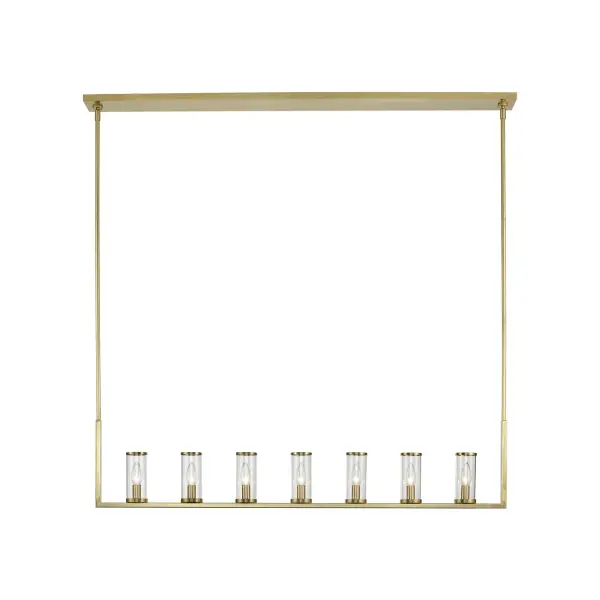 The Revolve 47-inch linear pendant brings timeless elegance to dining and kitchen spaces with its antique candle-holder inspired design. Clear glass tubes accented with metal rings create a striking focal point in transitional interiors.