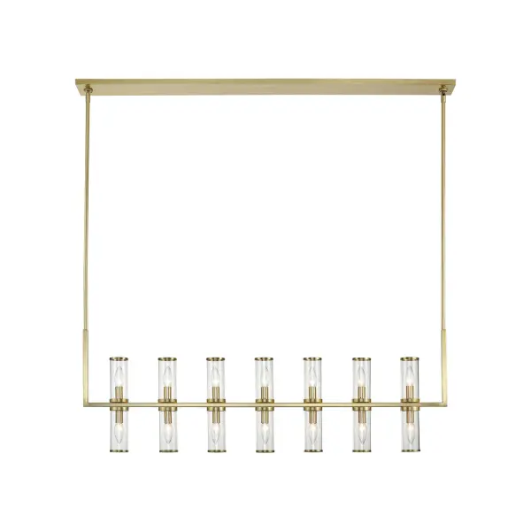 The Revolve Linear Pendant brings timeless elegance to dining and kitchen spaces with its antique candle-holder inspired design. Clear glass tubes accented with metal rings create a striking focal point that works beautifully in transitional interiors.