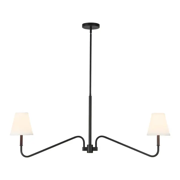 The Sloan 42-inch Linear Pendant beautifully bridges traditional and contemporary aesthetics with its textured arms, chain details, and soft linen shades. Perfect for kitchen islands and dining spaces.
