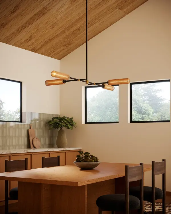 The Colby 52-inch linear pendant masterfully blends rustic warmth with modern sophistication through its organic tan cotton rope wrapping and matte black framework. This substantial fixture creates a bold focal point perfect for dining spaces and kitchen islands. - alternate view