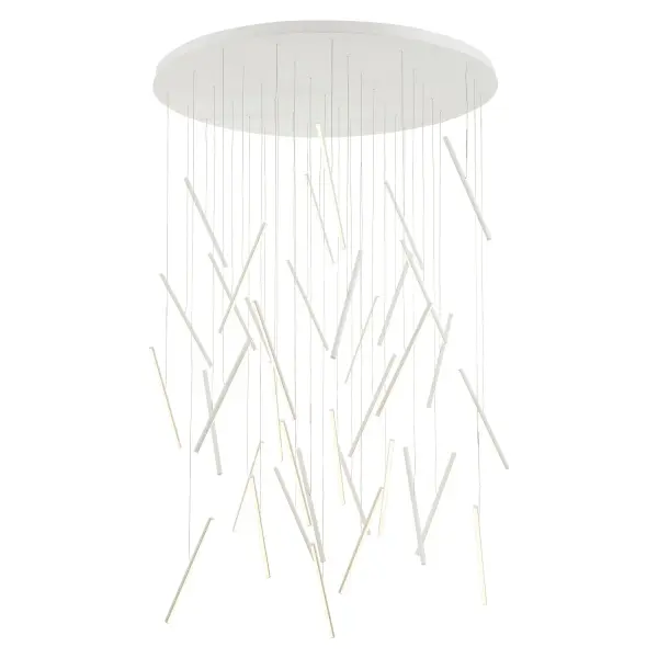 The Chute 50-inch multi pendant creates a dramatic field of illuminated floating lines with its slim cylindrical rods and soft LED glow. Individual height adjustment allows endless custom compositions for grand spaces.