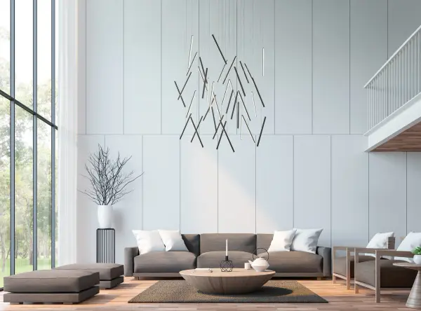 The Chute 50-inch multi pendant creates a dramatic field of illuminated floating lines with its slim cylindrical rods and soft LED glow. Individual height adjustment allows endless custom compositions for grand spaces. - alternate view