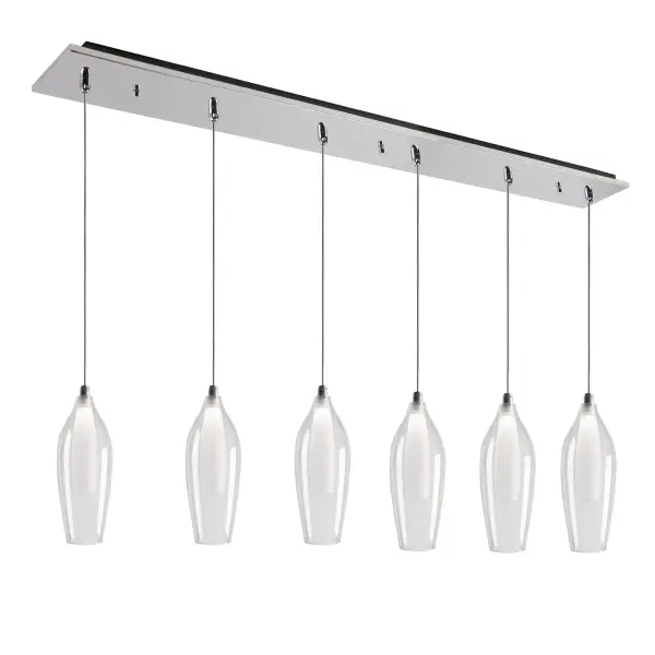 The Victoria multi-pendant combines minimalist elegance with practical illumination. Six LED lights with dual-layer glass shades create sophisticated ambient lighting perfect for modern kitchens and dining spaces.