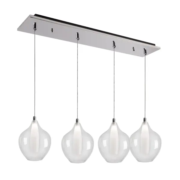 The Victoria multi-pendant combines simplicity with sophistication through its innovative dual-layer glass shades and integrated LED technology. Chrome finish and clean lines make it versatile for modern spaces.