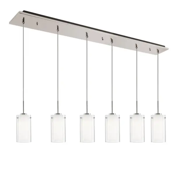 The Verona 6-Light Multi Pendant combines minimal clear glass styling with brushed nickel finish for versatile modern appeal. Its dual-shade design eliminates LED glare while providing warm illumination perfect for dining and kitchen spaces.