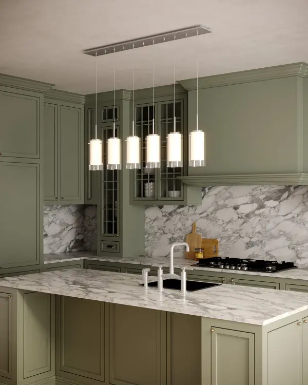 The Verona 6-Light Multi Pendant combines minimal clear glass styling with brushed nickel finish for versatile modern appeal. Its dual-shade design eliminates LED glare while providing warm illumination perfect for dining and kitchen spaces. - alternate view