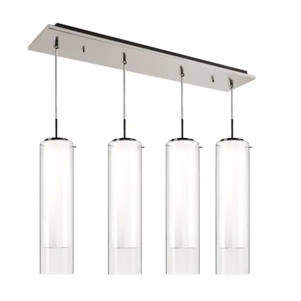 The Verona multi pendant combines minimal clear glass styling with a brushed nickel finish for versatile contemporary appeal. Its dual-shade design eliminates LED glare while providing warm, focused illumination ideal for dining and task areas.