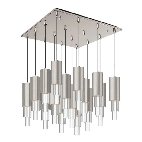 The Bordeaux 16-light multi pendant brings sophisticated Art Deco glamour with its layered ribbed glass shades and brushed nickel finish. Perfect for making a dramatic statement over large dining tables or kitchen islands. - alternate view