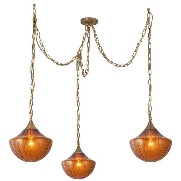 The Farrah collection brings Moroccan elegance to modern spaces with three adaptable swag pendants featuring unique ribbed amber opal glass. The matte black finish and warm glass create captivating texture and ambiance.