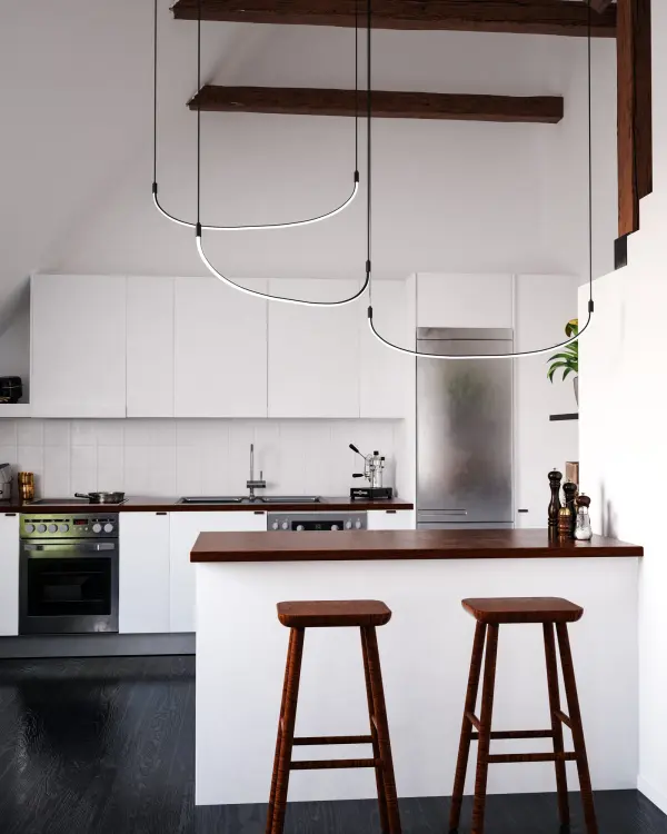 The Talis transforms the classic linear pendant with its organic U-shaped LED bars that can be arranged at varying heights. This 70-inch fixture offers exceptional versatility with adjustable positioning, creating a unique sculptural statement perfect for modern dining rooms and grand foyers. - alternate view