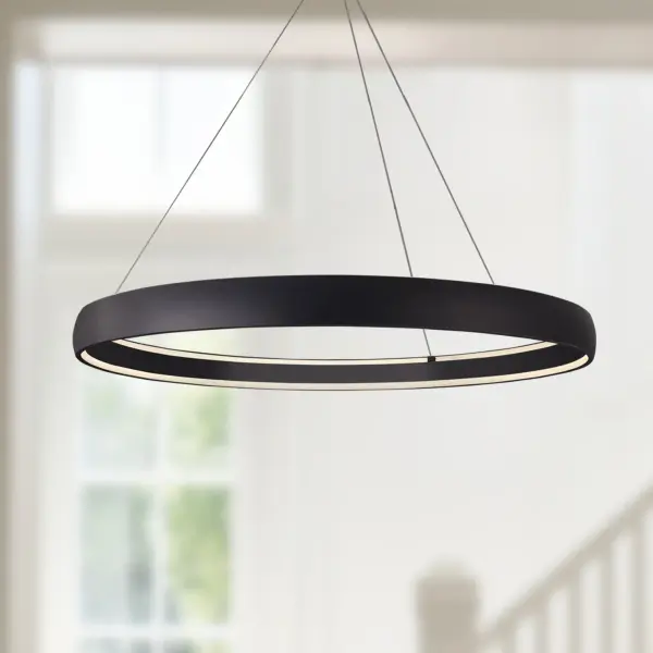 The Halo pendant makes a dramatic architectural statement with its oversized 53-inch circular design. Integrated LED technology provides smooth, even illumination in a modern minimalist form. Perfect for large spaces needing bold lighting. - alternate view