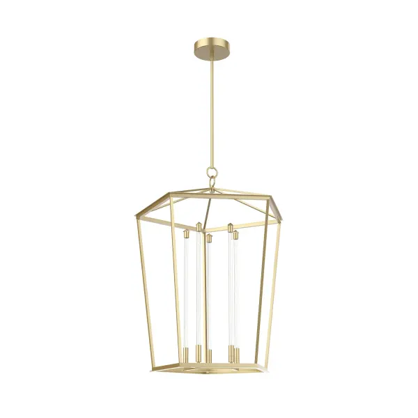 The Delphine pendant merges southern Creole-inspired design with contemporary LED technology in a stunning 29-inch birdcage lantern. Its Natural Brass finish and transitional styling make it versatile for both traditional and modern interiors.