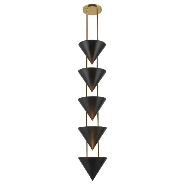 The Versus 48-Inch Pendant by Jason Koharik transforms lighting into wearable art with its dramatic sculptural form. Metal cones in luxe finishes anchor on faux soapstone columns, creating an interplay of shadow and scale.