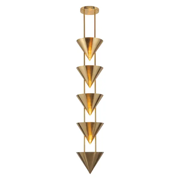 The Versus 48-Inch Pendant by Jason Koharik transforms lighting into wearable art with its dramatic sculptural form. Metal cones in luxe finishes anchor on faux soapstone columns, creating an interplay of shadow and scale. - alternate view