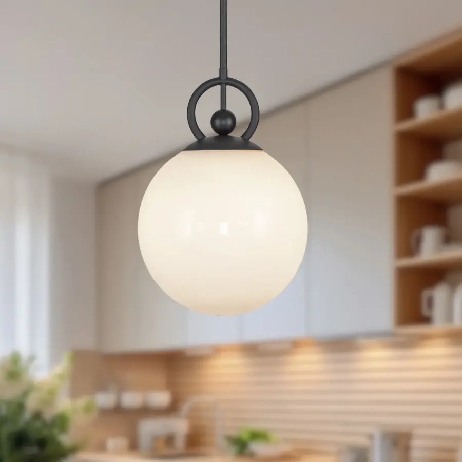 Fiore 10-Inch Pendant Light in Matte Black with Glossy Opal Glass - Image 3