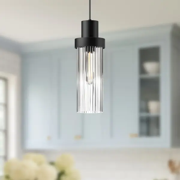 Kent 5-Inch Pendant in Matte Black with Clear Ribbed Glass - Image 4