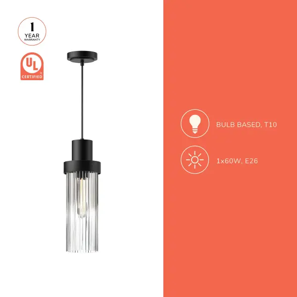 Kent 5-Inch Pendant in Matte Black with Clear Ribbed Glass - Image 7